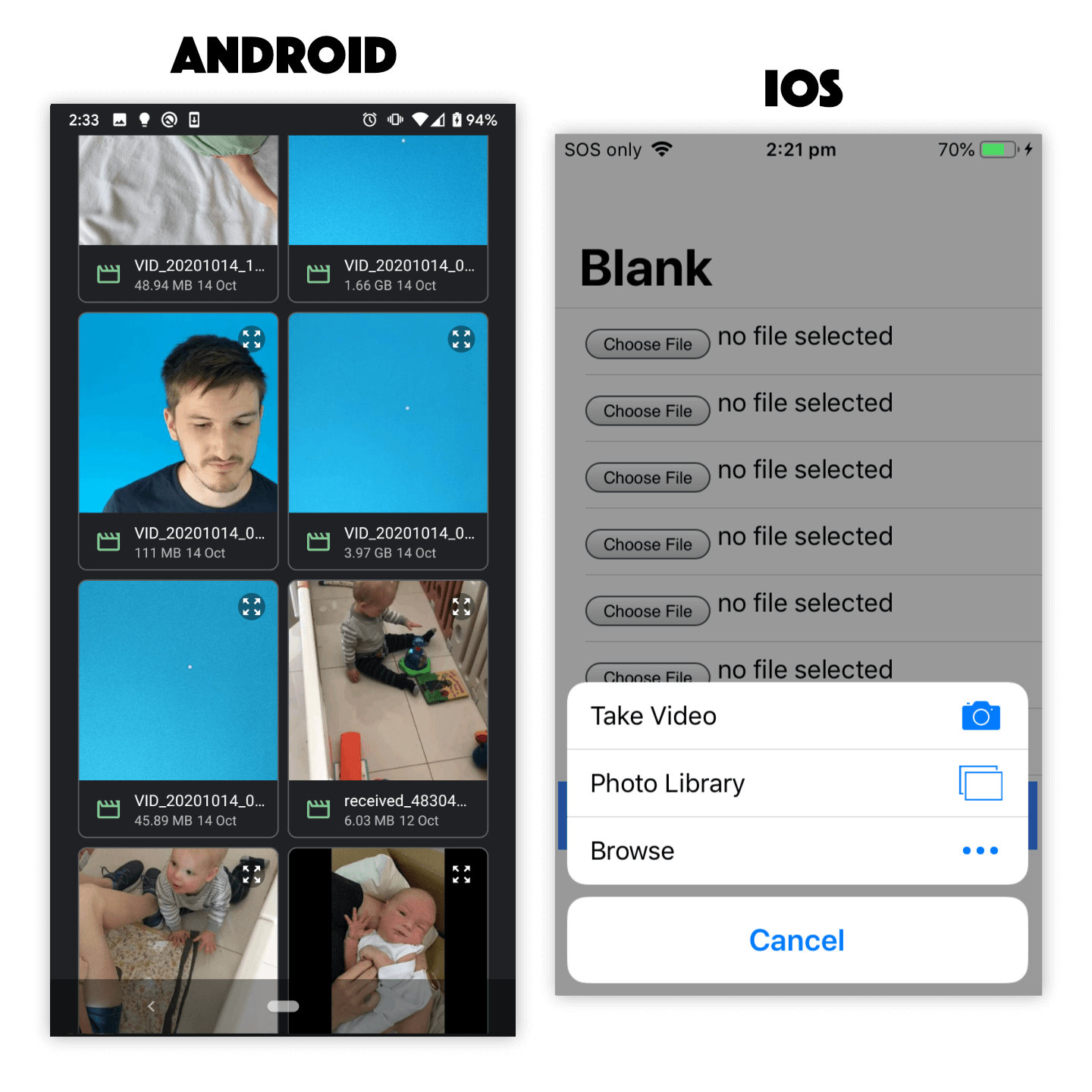 Opening file input element limited to video on ios and android
