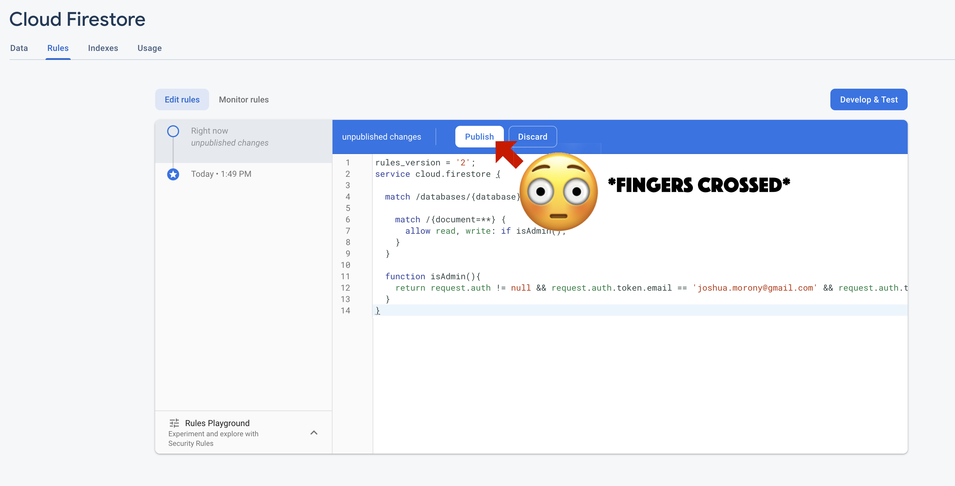 Cursor hovering over publish button for firestore security rules