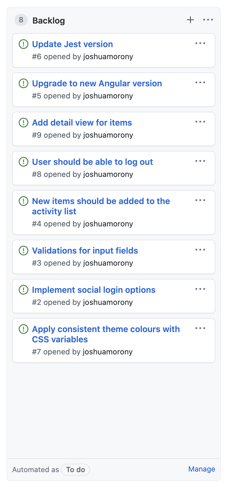 Sorted Kanban backlog