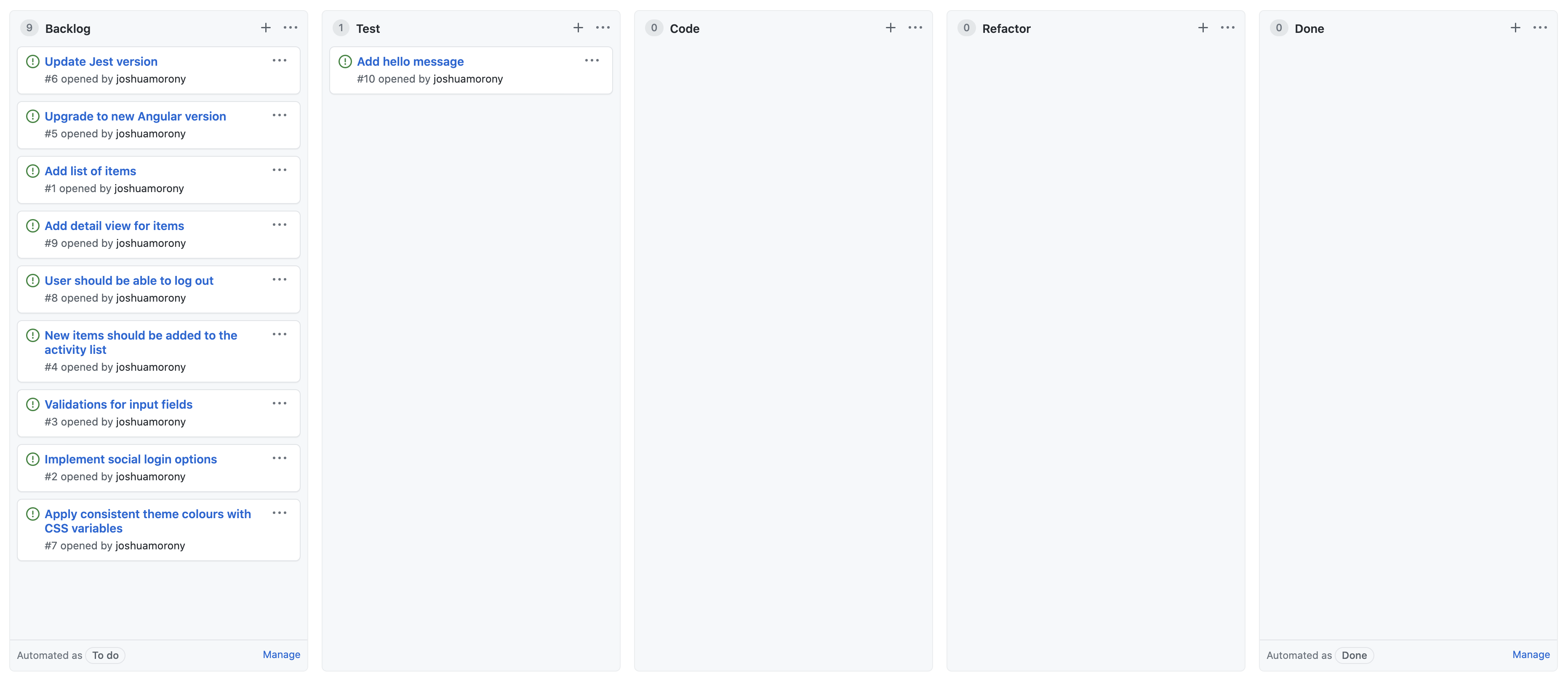 Test column in Kanban