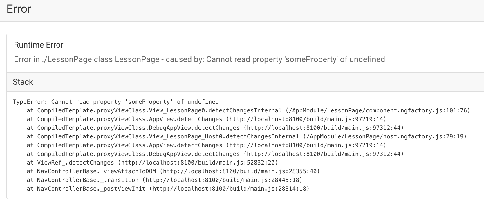 Ionic 2 Runtime Error