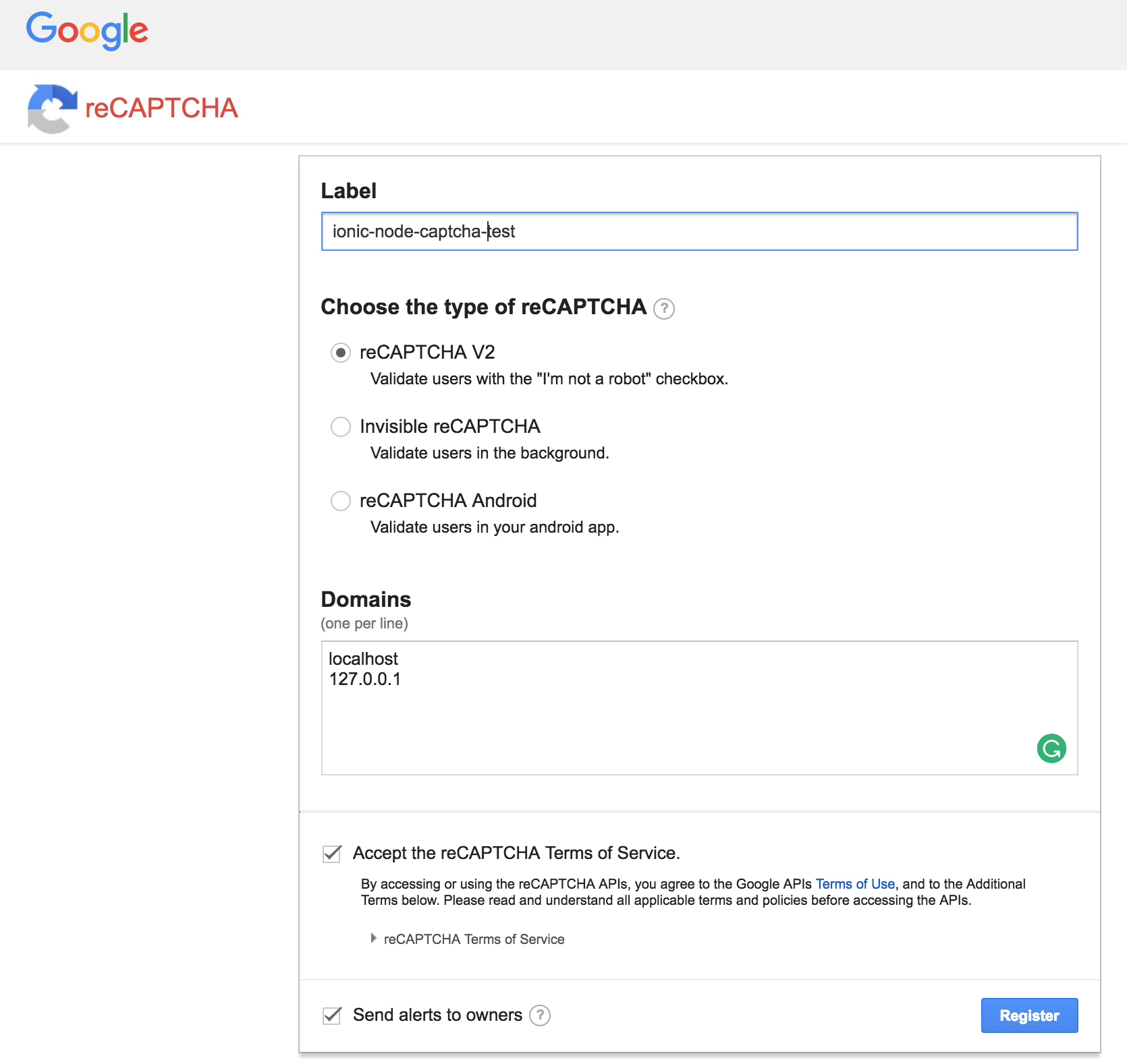 Add site dialog for Google reCaPTCHA
