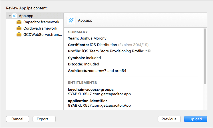 XCode Upload Review Screen
