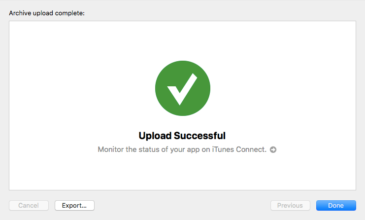 XCode Upload Successful screen