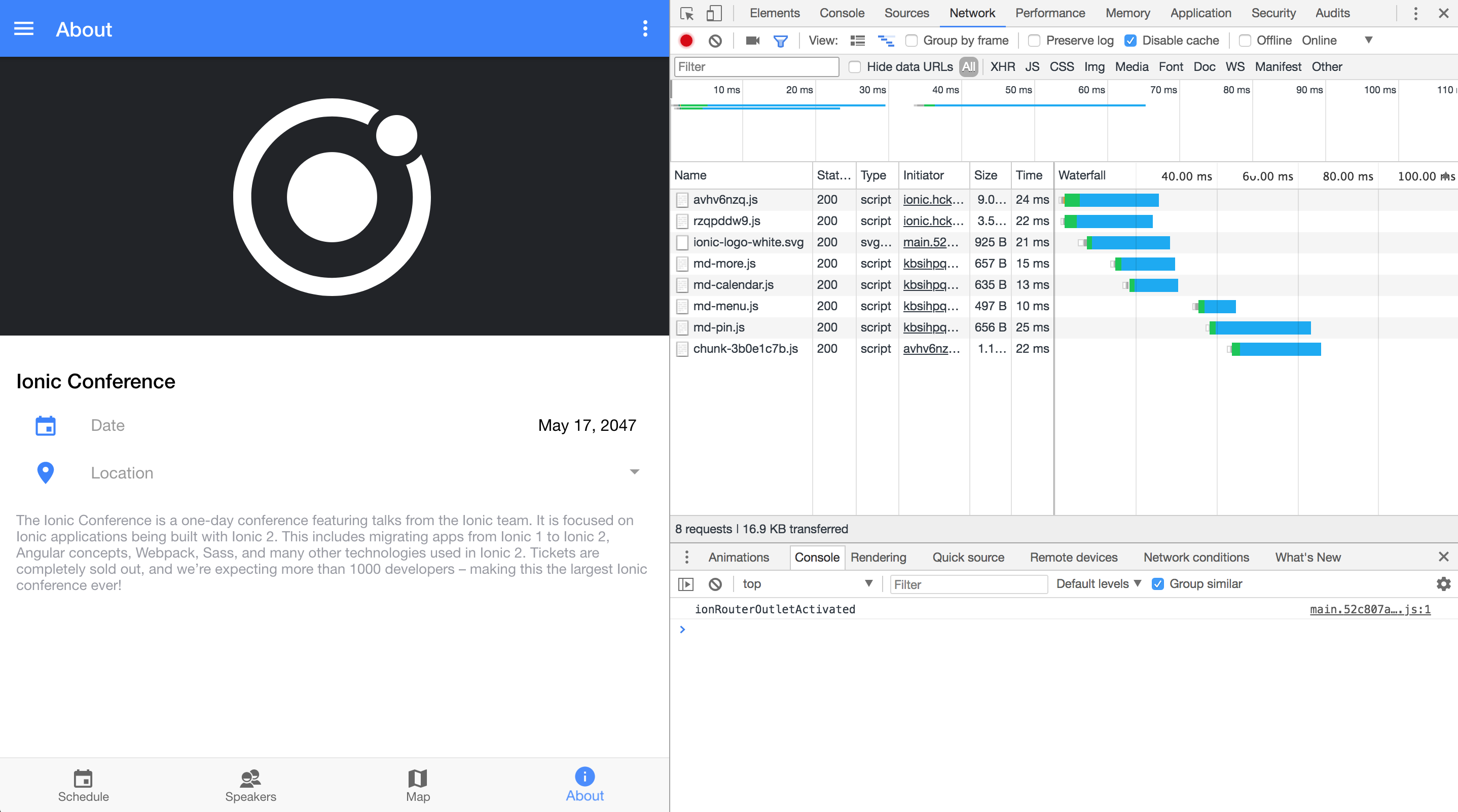 Ionic 4 Screenshot of Network Tab