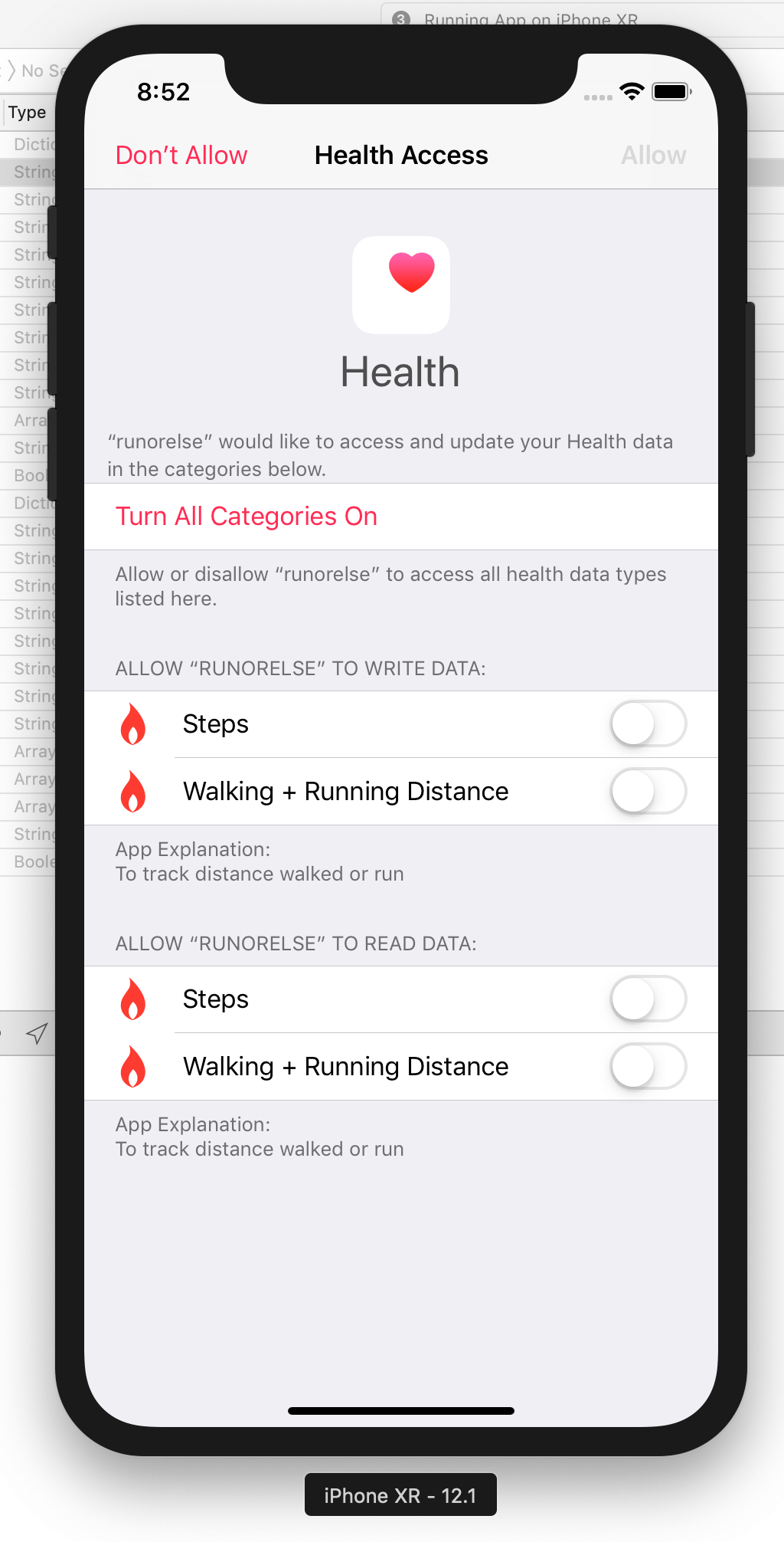 Authorisation screen for HealthKit on iOS